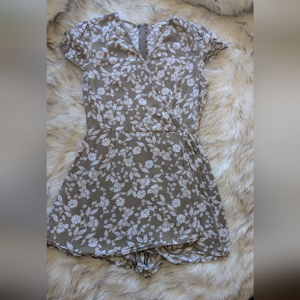 Floral Wrap Romper in Olive and White